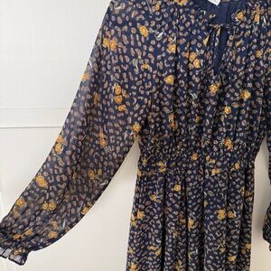 THML floral printed hi-low maxi dress navy and mustard hues